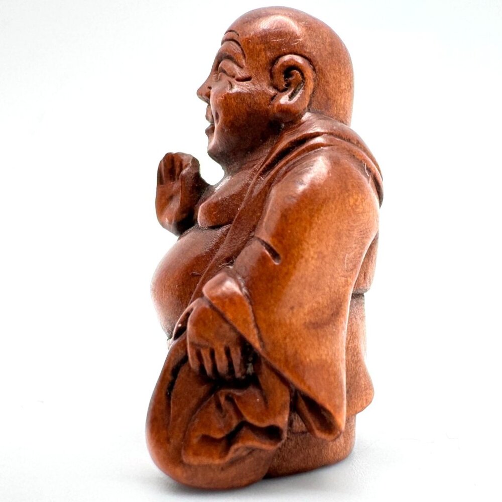 Ojime Bead Netsuke HandCarved Hotei Buddha Holding upHand Boxwood Signed No Hole - Picture 8 of 8